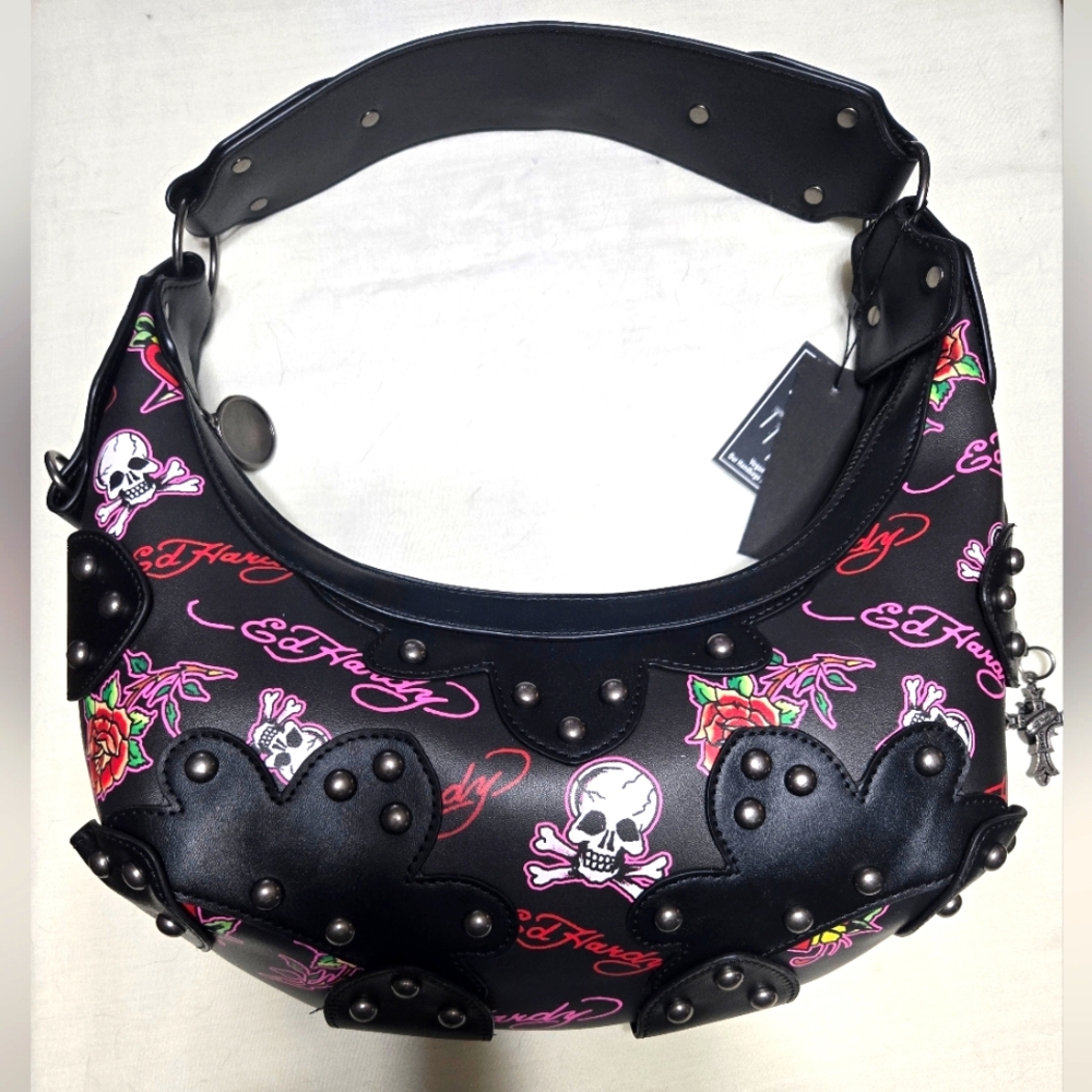 Ed Hardy Black Skull Roses Handbag